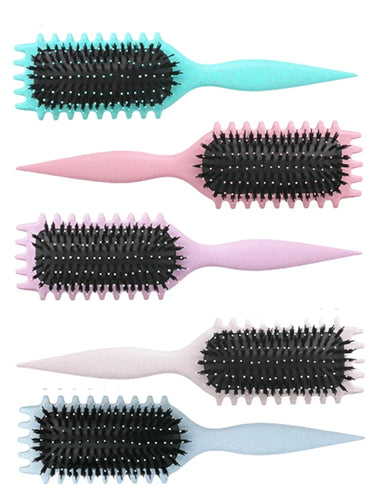 All Curl Defining brush colors photographed together  in a nice row. Colors include: Turquoise, Pink, Lilac, Cream, and Blue